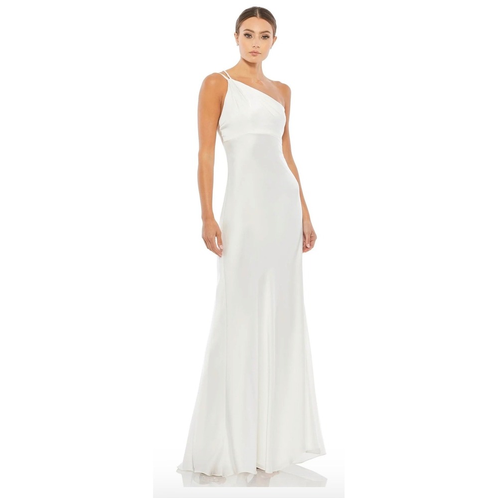Ieena for Mac Duggal White Satin One Shoulder Cowl Gown 55385 WHT Size 0